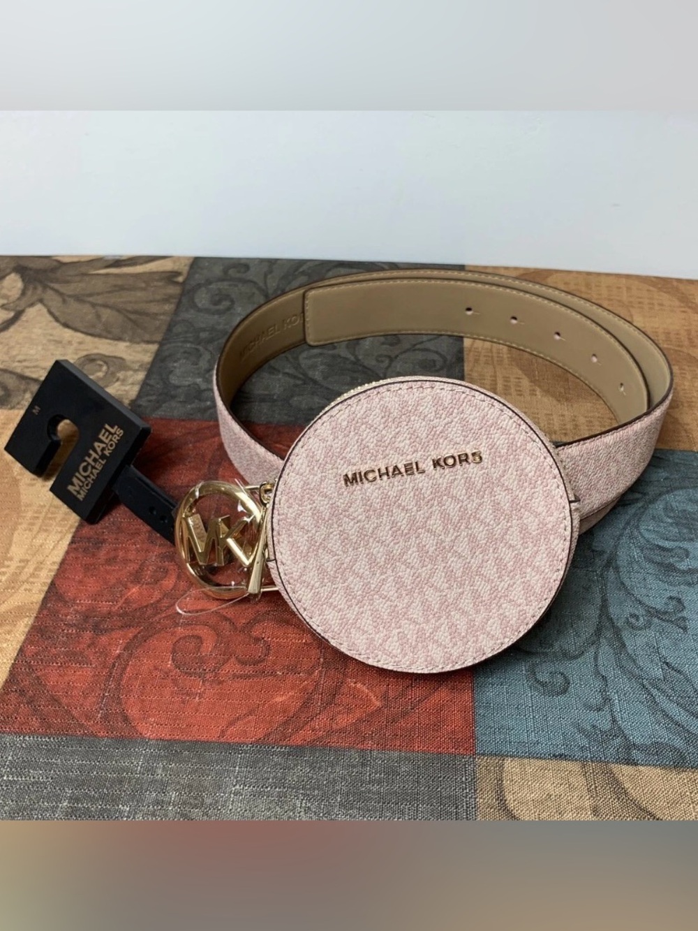 MICHAEL KORS Blush Pink Signature Round Belt Bag with Gold Hardware